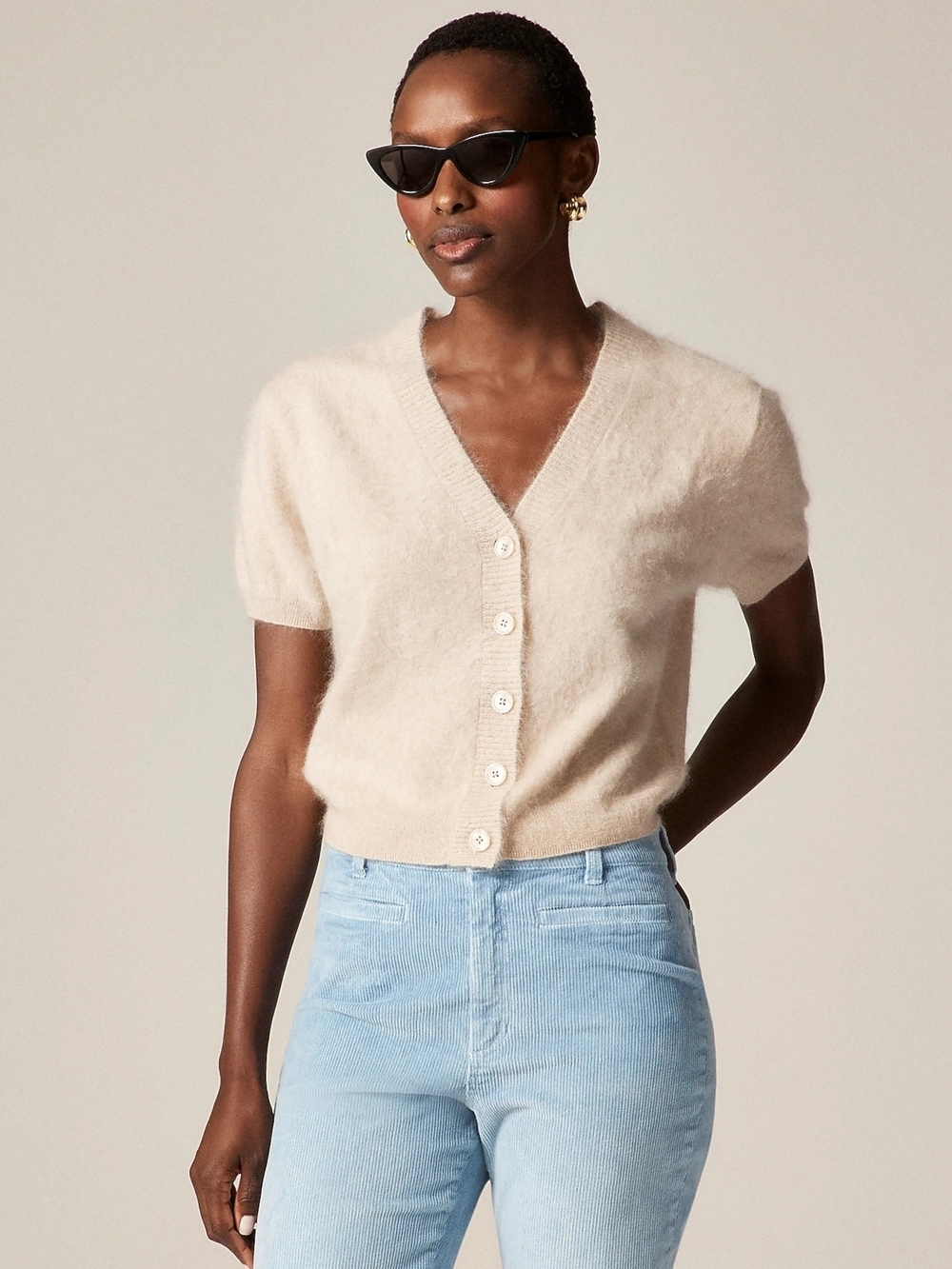 New! J. Crew Brushed Cashmere Short Sleeve Cardigan Sweater in Heather Flax
